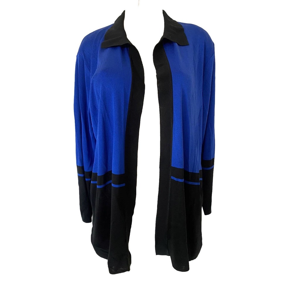 Exclusively Misook Blue Black Jacket Cardigan Sweater Long Sleeve Knit O…